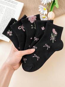 5 Pairs Women's Floral & Bow Pattern Breathable Short Socks - Multicolor - View 12