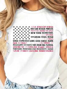 Casual Short-Sleeved T-Shirt With State Name Print, Patriotic Clothing To Celebrate US Independence Day, Ideal For Daily Outings And National Holidays, Summer T-Shirt. - 白色 - 查看 1
