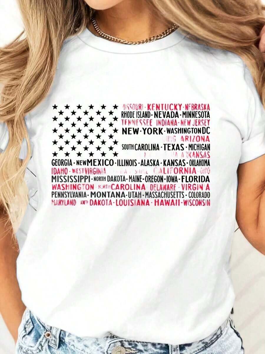 Casual Short-Sleeved T-Shirt With State Name Print, Patriotic Clothing To Celebrate US Independence Day, Ideal For Daily Outings And National Holidays, Summer T-Shirt. - 白色 - 查看 1