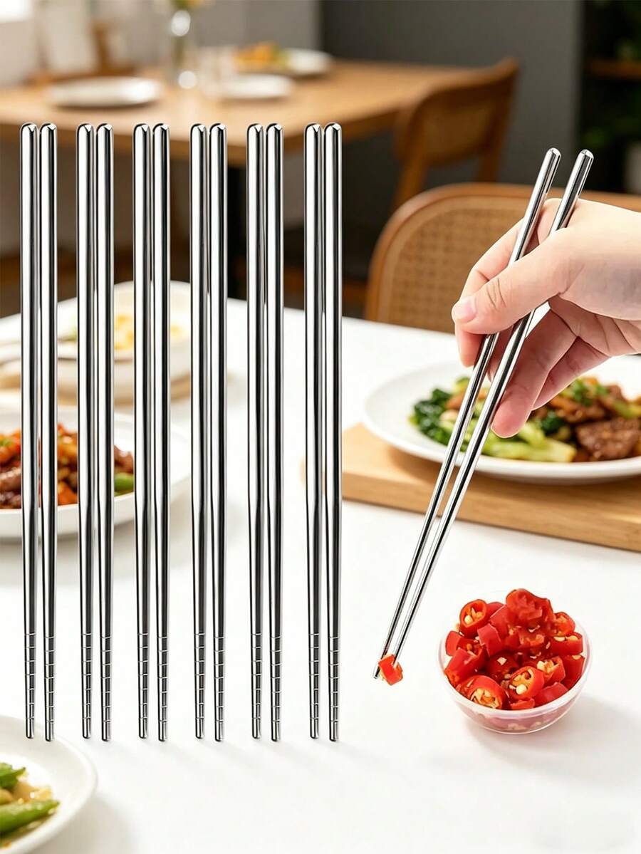 5双不锈钢可重复使用筷子 - 防滑，韩式和日式餐具，适用于寿司、小吃等 - 耐用厨房餐具套装、学校用品 - 彩色 - 查看 1