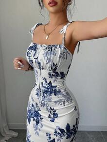 Nuevo vestido de mujer con tirantes de espagueti, lazo en la cintura, diseño de dobladillo fruncido y abertura, versátil para citas, fiestas y uso diario, favorecedora y elegante - azul real - Ver 3