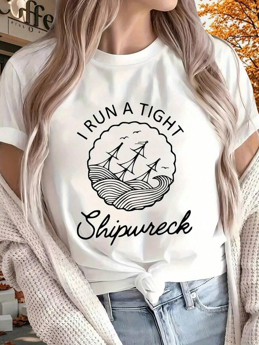 Camiseta estampada personalizada para mujer, de navegación marina, de manga corta, adecuada para todas las estaciones, ideal para actividades al aire libre, en casa y deportivas, regalo perfecto. Blusas Bonito 100% Algodón - Blanco - Ver 1
