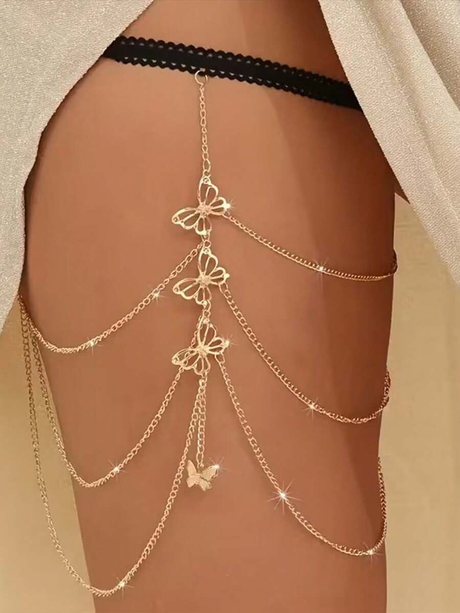 1pc Bohemian Beach Style Sexy Butterfly Pendant Thigh Chain, Elastic Multi-Layer Long Leg Chain, Fashion Personalized Jewelry Gift, Suitable For Daily Outfit, Perfect For Party And Holiday, Multifunctional Accessory For Women Casual And Vacation Wear