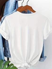 Camiseta Elegante de Arte Vintage con Estampado de Letras, Manga Corta 100% Algodón para Mujer, Cuello Redondo Esencial para Primavera y Verano 12289 - Blanco - Ver 4