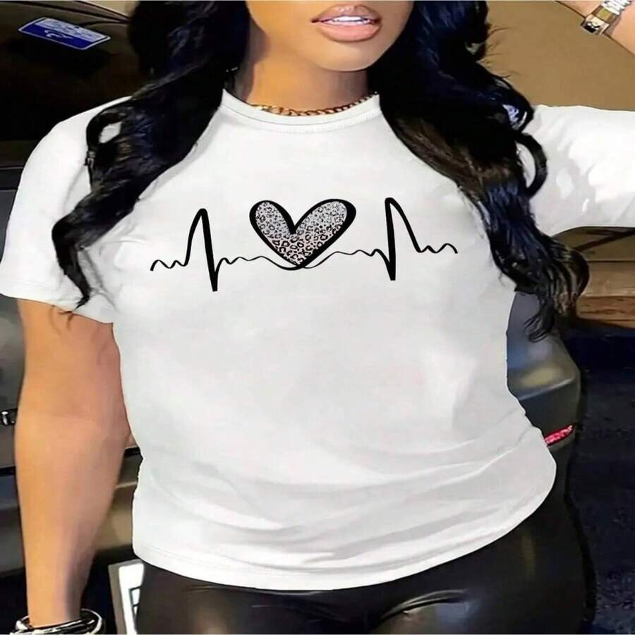 Womens Round Neck Short Sleeve Cotton T Shirt Casual Sexy Heartbeat Print Tee Top - Blanco - Ver 1