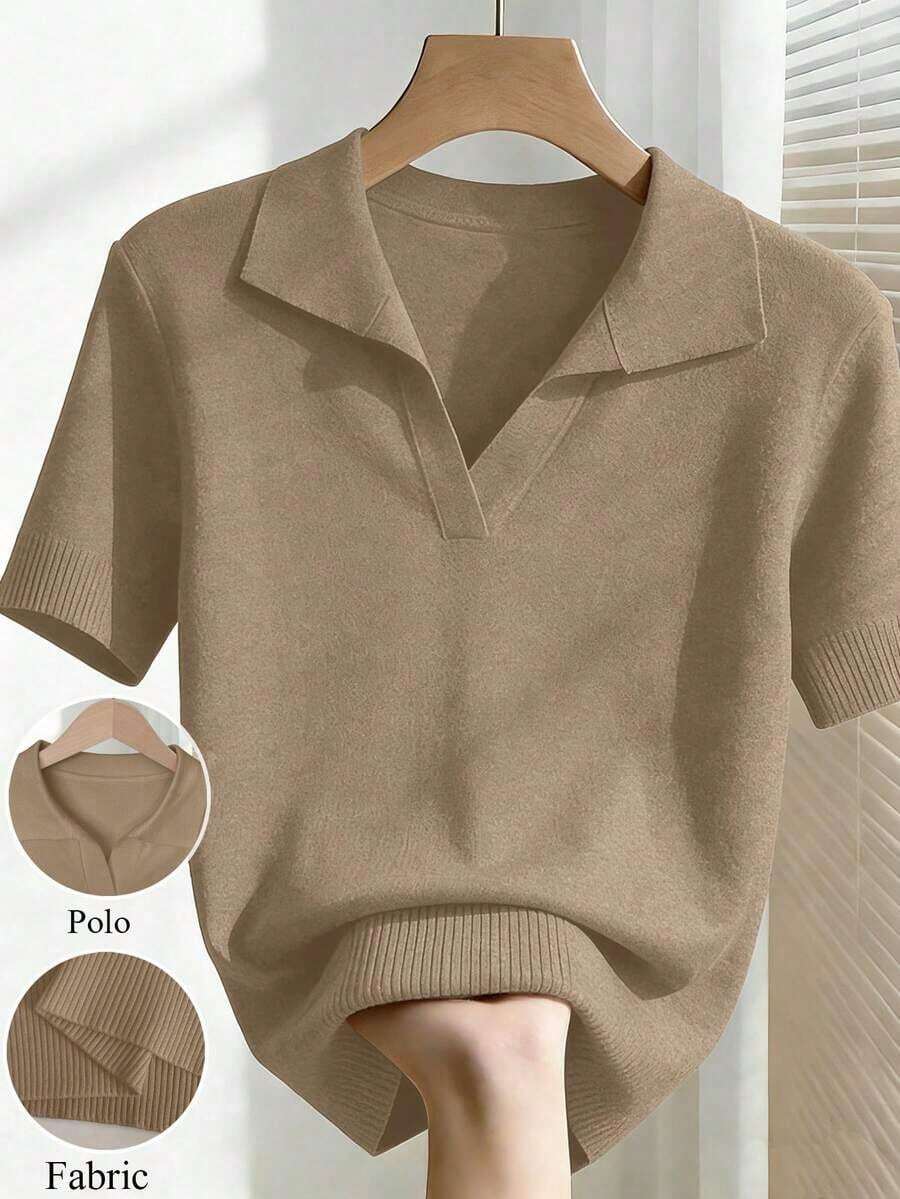 New 2026 Collection: Women's Solid Color Fitted Knit Blouse, Spring/Summer, White, Simple, Casual, With Roll Neck And Raglan Short Sleeves. Solid Color Blouses, Pink Blouses, Baby Pink Blouses. - 摩卡棕 - 查看 1