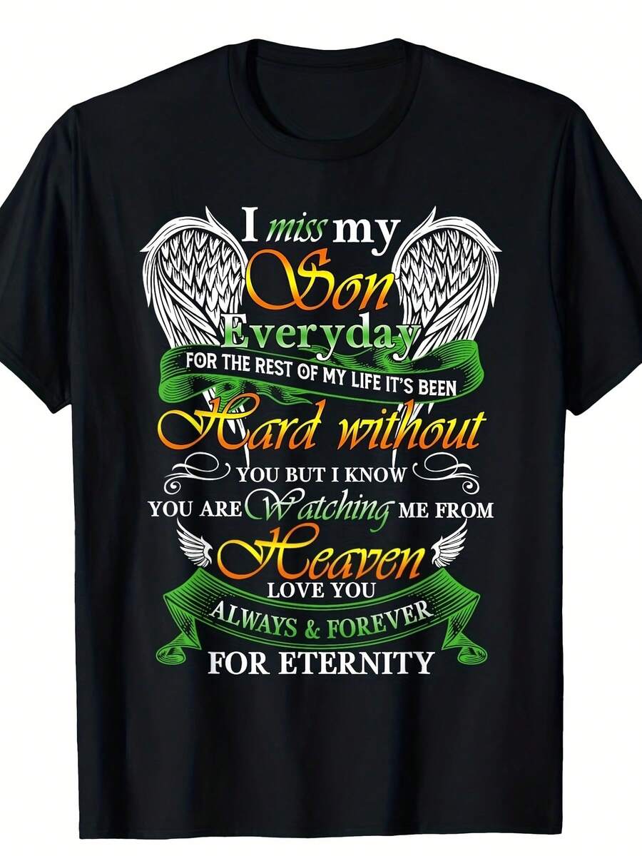 Extraño a mi hijo todos los días, para padres que perdieron a su hijo en el cielo. Camiseta de cuello redondo, regalo de Halloween, Acción de Gracias, Navidad para hombres, mujeres, familiares, amigos, regalos de San Valentín para hombres. - Negro - Ver 1