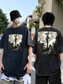 Vintage Distressed Black T-Shirt With Crucifixion Graphic, Unisex Religious-Themed Clothing - Vintage Street Style Unisex Loose Cotton Short Sleeve Crew Neck T-Shirt - 黑色 - 查看 3
