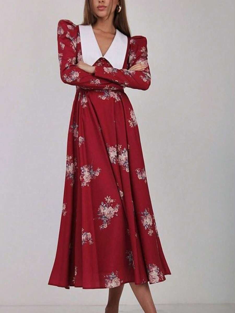 Vestido largo estampado vintage primavera 2026, cintura ajustada y corte amplio elegante - Rojo - Ver 1