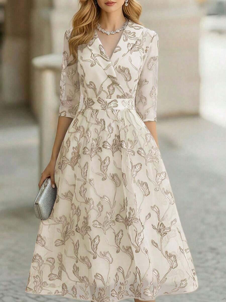 Vestido formal largo con estampado de hojas elegante para mujer, primavera/otoño - Multicolor - Ver 1