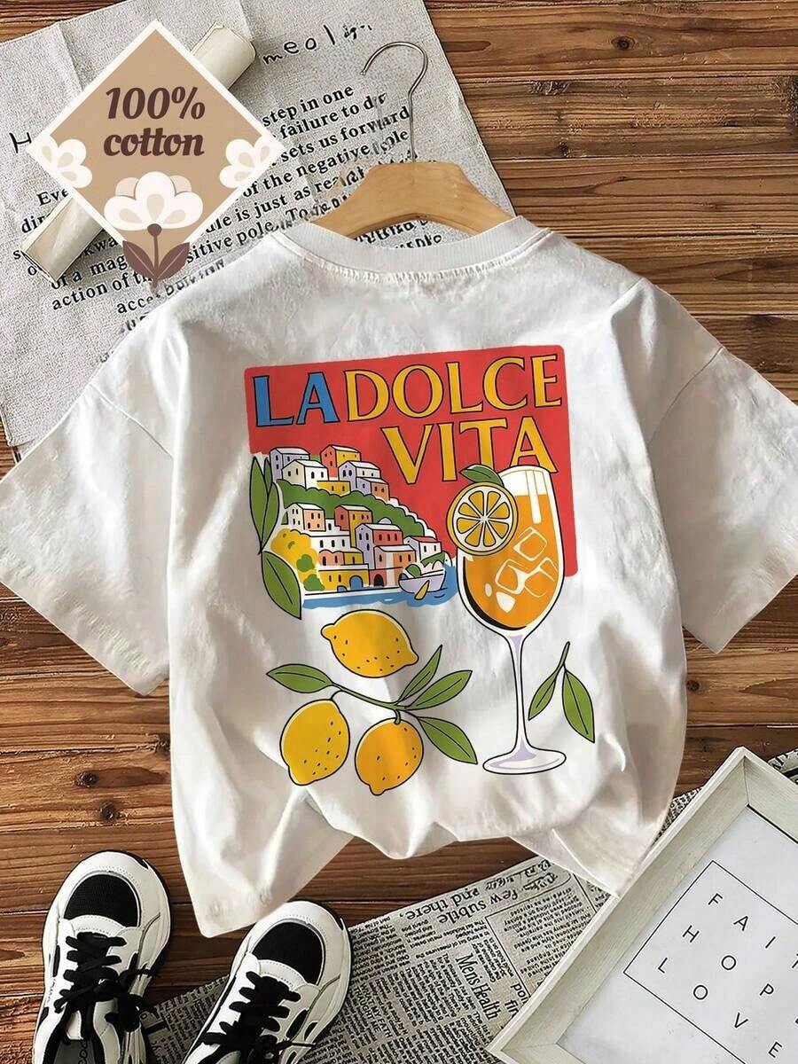 [Cirkelmönster][Tryck på ryggen] Damtopp i casual sommarstil med <<LA DOLCE VITA-tryck med citrondryck, rund hals, ren bomull, korta ärmar, sommartopp - Vitt - Visa 1