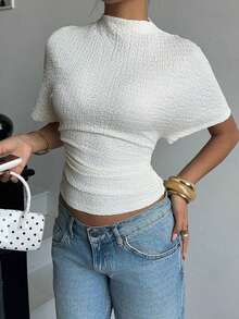 Camiseta de Moda para Mujer, Color Sólido, Cuello Alto, Manga Corta Tipo Murciélago, Plisada, Ajustada, Top de Punto Acanalado, Top Crema para Mujer, Tops de Verano para Mujer, Tops de Punto Texturizados, Top de Punto Blanco, Tops de Punto para Mujer - Negro - Ver 10