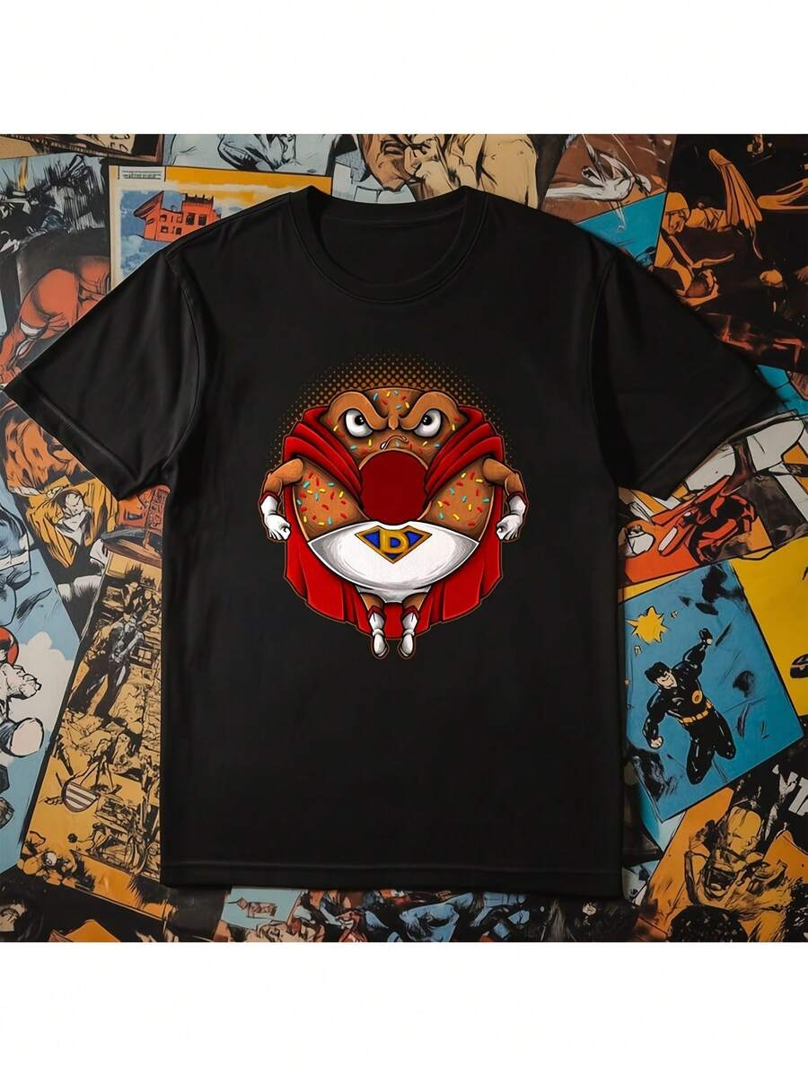 Men's Breathable Short Sleeve T-Shirt With Anime Donut Design - Fun Retro Street Style Manga Inspired T-Shirt Featuring Iconic Donut Character And Cape - Unisex Casual T-Shirt For Men And Women (Sizes S-3XL) - Breathable For All Seasons, Casual Summer Style, A Short Sleeve T-Shirt Suitable For Home, Daily Wear, Parties And Travel, Perfect As A Gift For Friends Or Family. - 黑色 - 查看 1