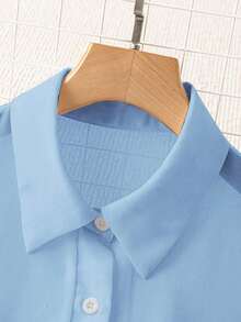 Blusa minimalista de unicolor transparente con cuello vuelto, blusas de manga larga - Azul - Ver 4