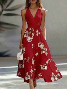 Vestido midi elegante con escote en V sin mangas y cintura ceñida, estampado de patchwork AB, adecuado para el trabajo y las vacaciones - Rojo - Ver 5