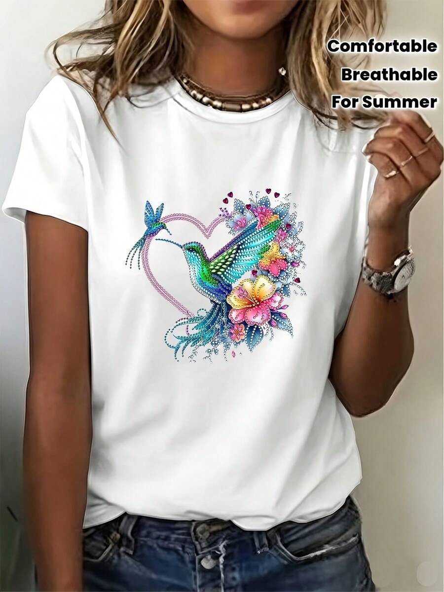 Camiseta de colibrí a la moda, camiseta de verano transpirable para mujer, adecuada para reuniones familiares y como regalo para las vacaciones. Top de manga corta cómodo y versátil. - Blanco - Ver 1