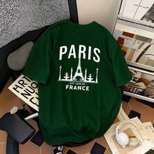 Camiseta de Mujer Oversize con Estampado Gráfico Retro de la Torre Eiffel de París, Diseño de Paisaje Urbano Francés, Uso Diario Casual, Corte Holgado, Lavable a Máquina, Elegante Top para Mujer | Top Casual para Uso Diario - Verde bambú - Ver 11