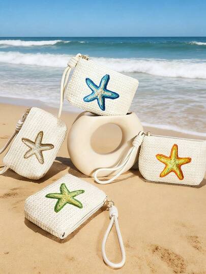 Portamonete in paglia da donna decorato con stelle marine colorate, borsa multifunzionale per il trasporto, borsa intrecciata estiva mini, borsa cosmetica da viaggio portatile, piccola borsa portachiavi portatile, adatta per conservare chiavi, monete, carte d'identità, rossetto, adatta come regalo per vacanze, matrimonio, laurea, festa della mamma, festa del papà