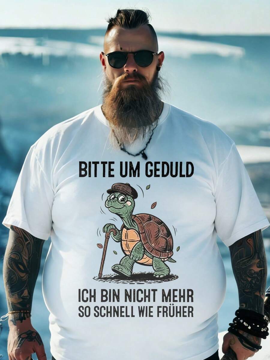 White T-Shirt With Turtle Design And German Text, Graphic Design For Outdoor Activities And Casual Use, Size, Loose And Comfortable. - [Banc] - View 1
