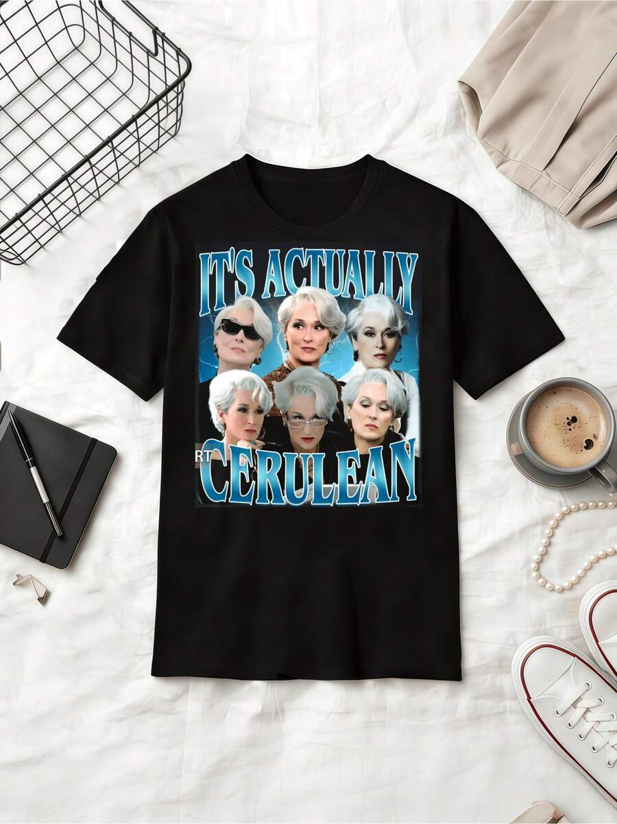 Djävulen bär – Det är faktiskt himmelsblått meme-bomulls-t-shirt - Svart - Visa 1