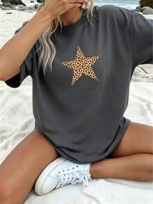 Camiseta informal de mujer de manga corta y cuello redondo, con estampado de leopardo y estrellas, entallada y versátil. - Gris Oscuro - Ver 1