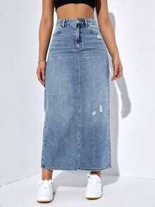 Falda larga de mezclilla desgastada para mujer - Azul - Ver 1