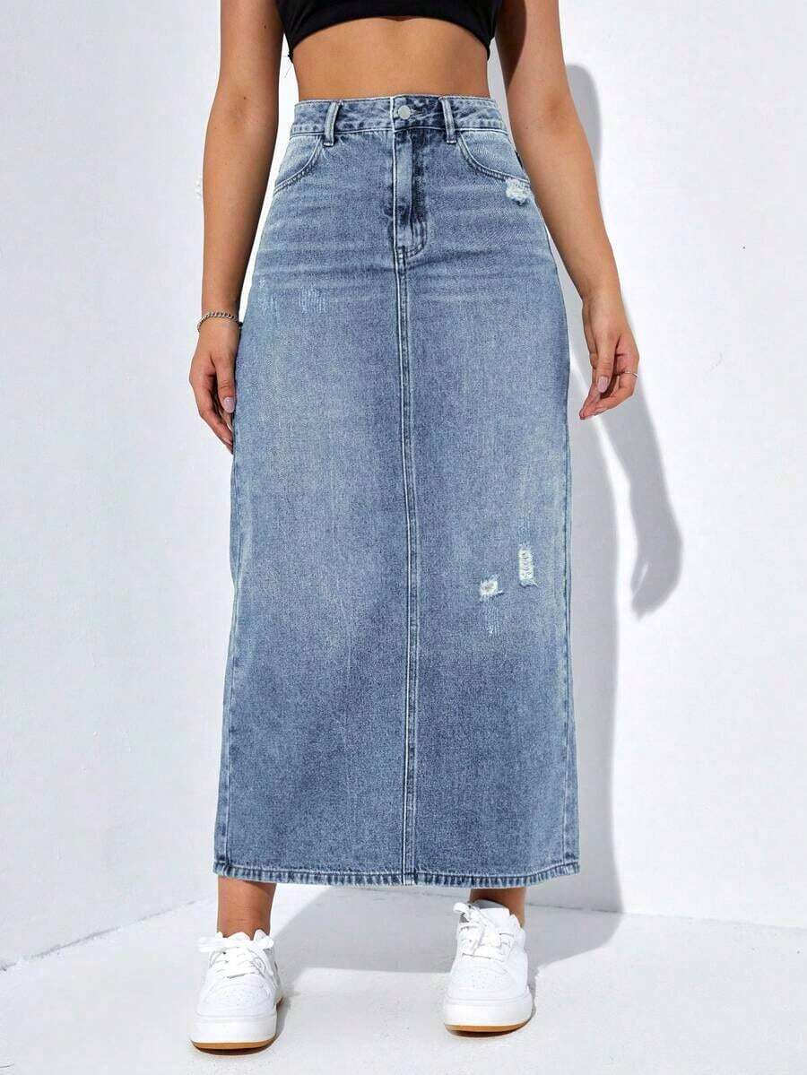 Falda larga de mezclilla desgastada para mujer - Azul - Ver 1