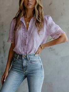 Blusa elegante de mujer con unicolor, bordado y parches de encaje, versátil para el hogar, uso diario y todas las estaciones, rosa de verano - Púrpura malva - Ver 4
