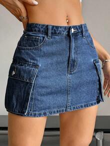 Falda vaquera de cargo de unicolor de verano para mujer - Azul lavado medio - Ver 5