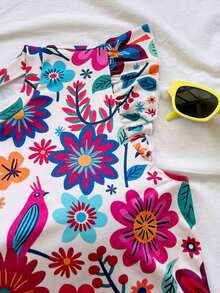 Camiseta casual de mujer con cuello redondo, mangas de volantes y estampado floral, blusas florales para mujer, blusas con mangas de volantes, para salir, blusas de manga corta lindas - Multicolor 3 - Ver 4