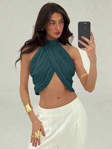 Blusa elegante y sexy para mujer con cuello cruzado, fruncido en la espalda y botones, de estilo casual y de vacaciones, de gasa - Verde Oscuro - Ver 6