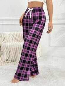 Pantalones de pijama holgados con lazo y estampado de cuadros para mujer, otoño e invierno - Morado - Ver 5