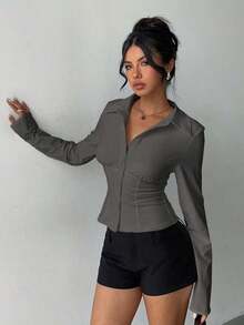 AYYAloruh Camisa de mujer de manga corta con pliegues en la cintura, de color blanco sólido y elegante, versátil, adecuada para ir al trabajo, uso diario, primavera/veranoAYY - Gris - Ver 6
