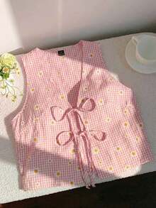 Camisa casual de mujer con nudo delantero y estampado de cerezas para vacaciones - Rosa - Ver 3