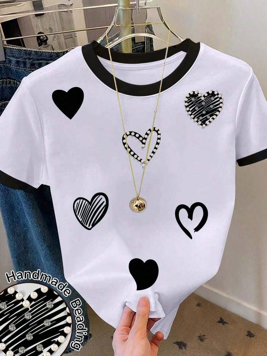 Camiseta de mujer con cuello redondo y bloque de color con pequeño estampado floral - Blanco 6 - Ver 1