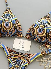 2pcs Casual Elegant Sexy Bohemian Floral Print Tie-Up Braided Bikini Swimwear, Suitable For Beach Vacation In Spring/Summer - Multicolor - View 5