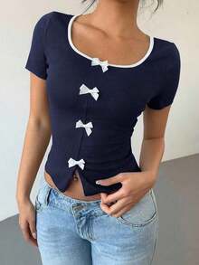 Camiseta casual de mujer de manga corta con adorno de lazo de color contrastante - Azul marino - Ver 4
