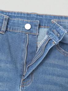 Explorewe Jeans de mezclilla estilo Y2K versátiles lavados y desgastados con pierna acampanada y elásticos para niñas adolescentes - Azul lavado medio 4 - Ver 5