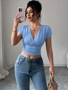 Camiseta casual de mujer con cuello en V y cruce en la cintura - Azul - Ver 8