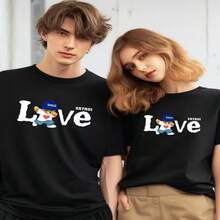 Casual Cotton Short Sleeve Round Neck T-Shirt with Cartoon Bear Print for Women - Negro - Ver 1