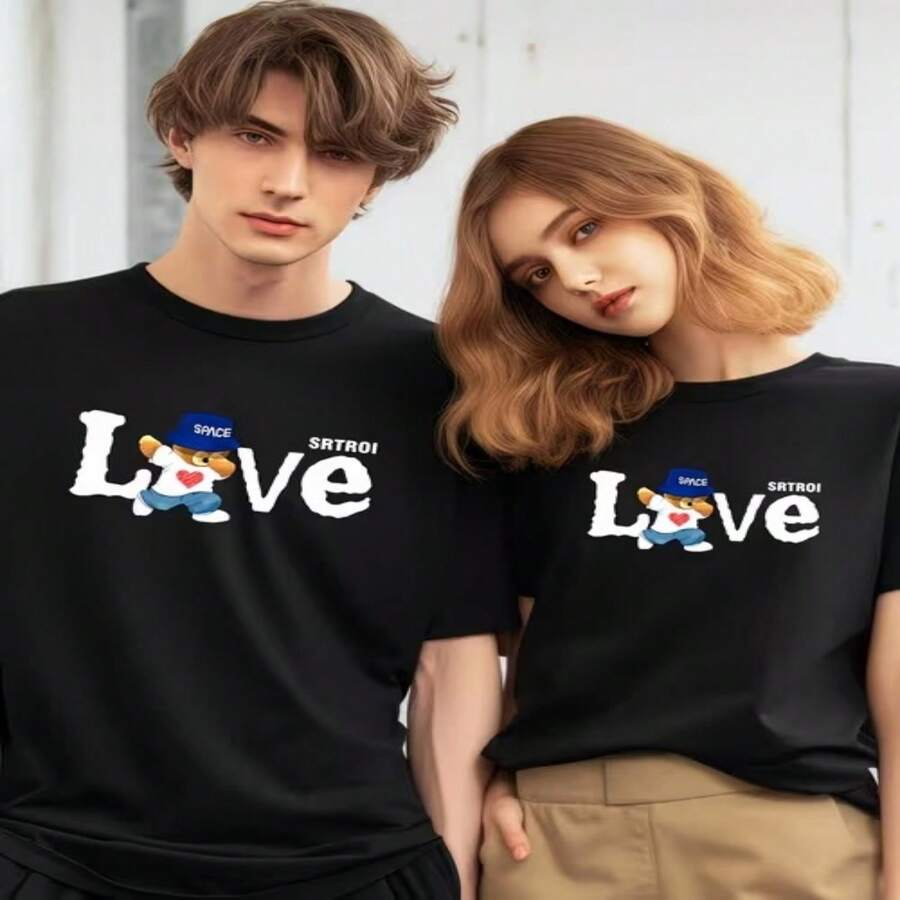 Casual Cotton Short Sleeve Round Neck T-Shirt with Cartoon Bear Print for Women - Negro - Ver 1