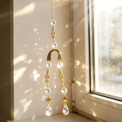 1 chiếc chuông gió hình rắn pha lê vàng kiểu Bohemian, hình ngôi sao và giọt nước lấp lánh tạo cầu vồng, đồ trang trí treo cửa sổ, phòng ngủ, xe hơi, trang trí phòng theo phong cách phù thủy.