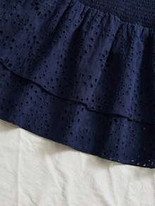 Vestido azul marino con cintura ceñida, plisado, sin tirantes, sexy, calado, con bordado y dobladillo fruncido, estilo vacaciones - Azul marino - Ver 4