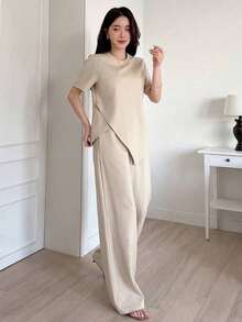 1 Conjunto de Camiseta de Manga Corta Asimétrica y Pantalones Casuales de Pierna Ancha para Mujer, Conjunto de Dos Piezas para Mujer - Albaricoque - Ver 5