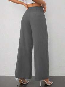 Pantalones de pierna ancha de textura de cintura alta, de estilo casual y sencillo, apropiados para ir a la escuela o para ir y venir al trabajo - Gris Oscuro - Ver 2