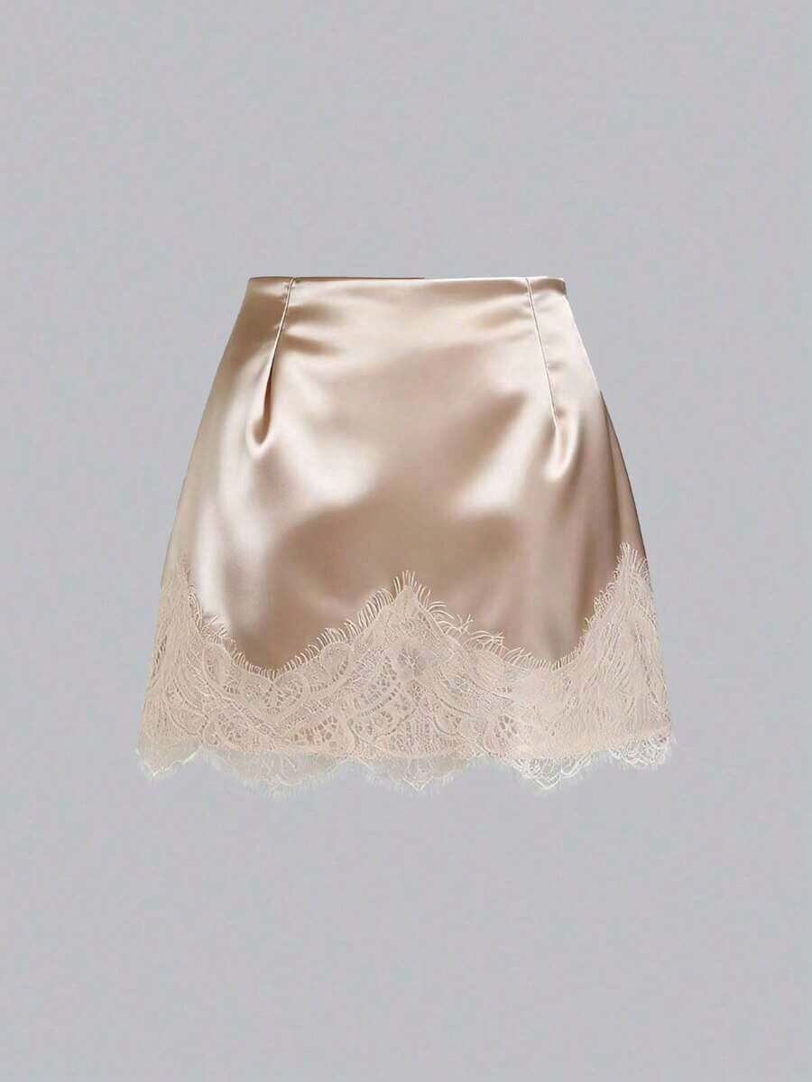 Falda casual de satén marrón con estampado floral retro francés elegante, nueva llegada chic de principios de primavera - Albaricoque 2 - Ver 1