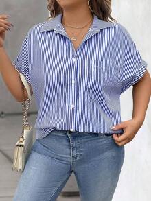 Vionelle Blusa casual de talla grande para mujer con estampado de rayas azul y blanco, de manga corta y abotonada, para el verano - Azul y blanco - Ver 5