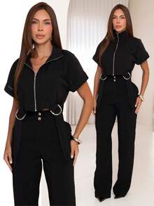 Women's Long Tailored Linen Set - Cropped Blouse And Pants - BLACK LINEN - View 1