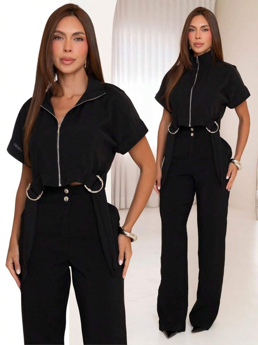 Women's Long Tailored Linen Set - Cropped Blouse And Pants - BLACK LINEN - View 1