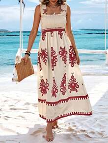 Women's Beach Dress, Holiday Style Printed Strapless Dress - Apricot - View 12